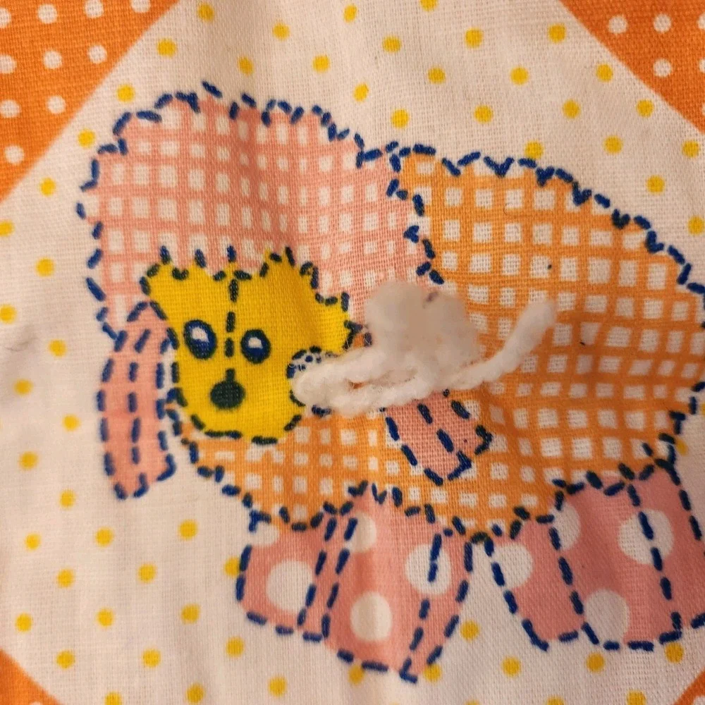 Vtg 70s Handmade Tied Baby Crib Quilt Animals & Polka Dots Orange Mod Nursery